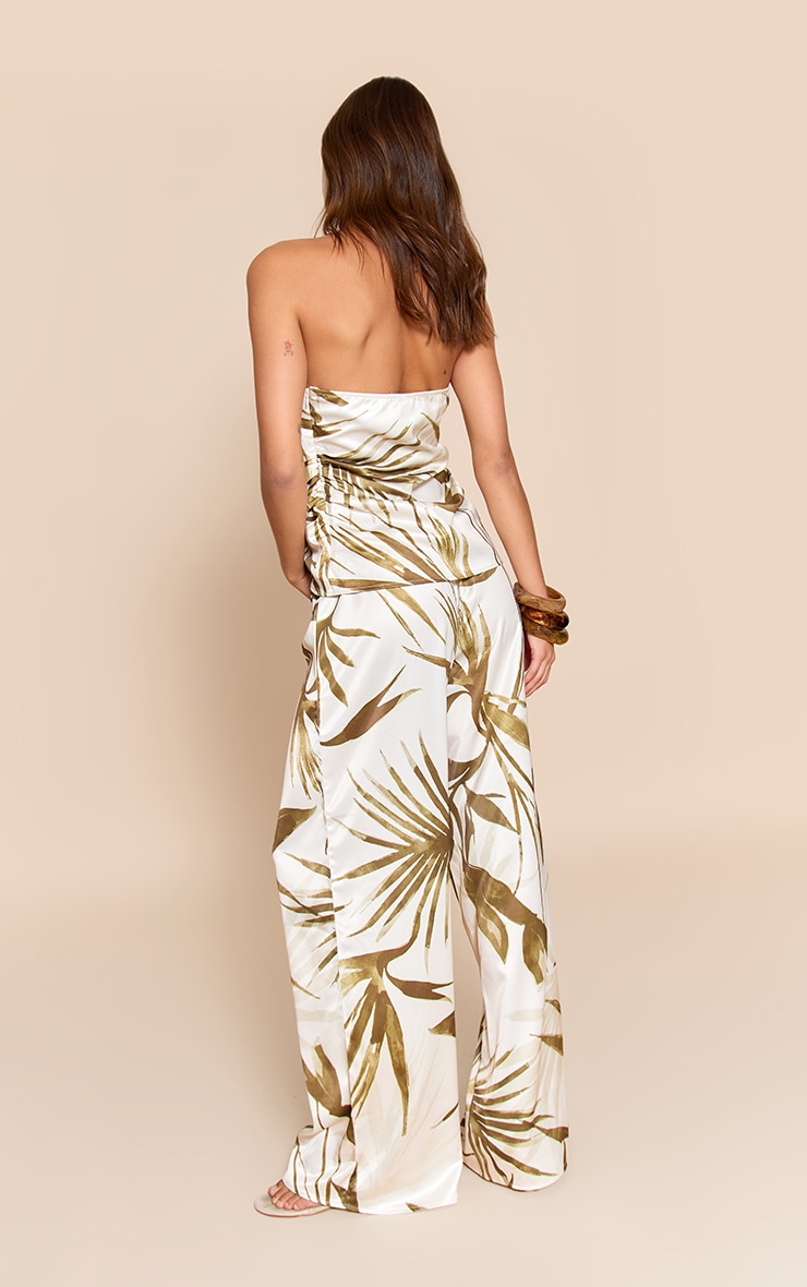 Green Leaf Print Satin Wide Leg Pants image 3