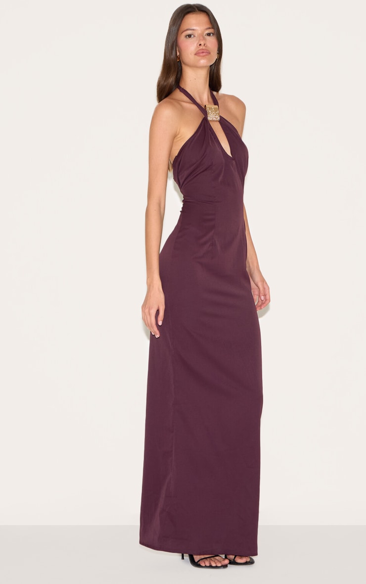 Plum Woven Halter Neck Trim Detail Maxi Dress image 3