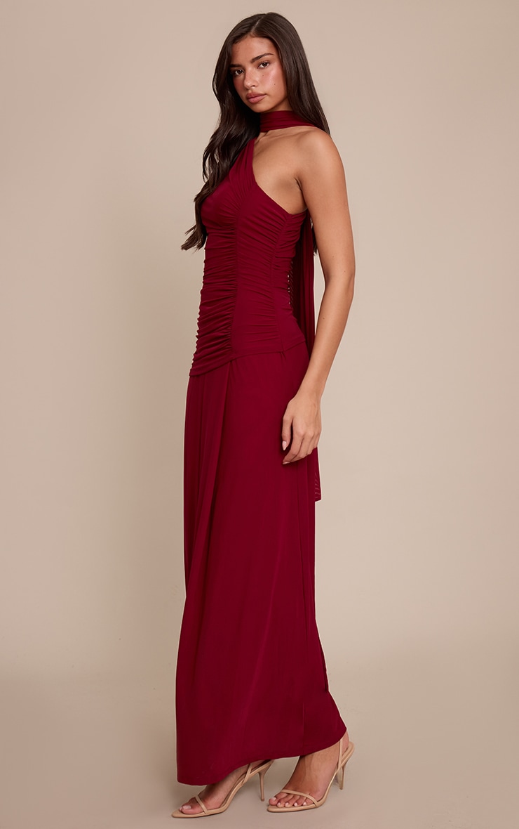 Wine Mesh Scarf Detail Ruched Maxi Dress image 3