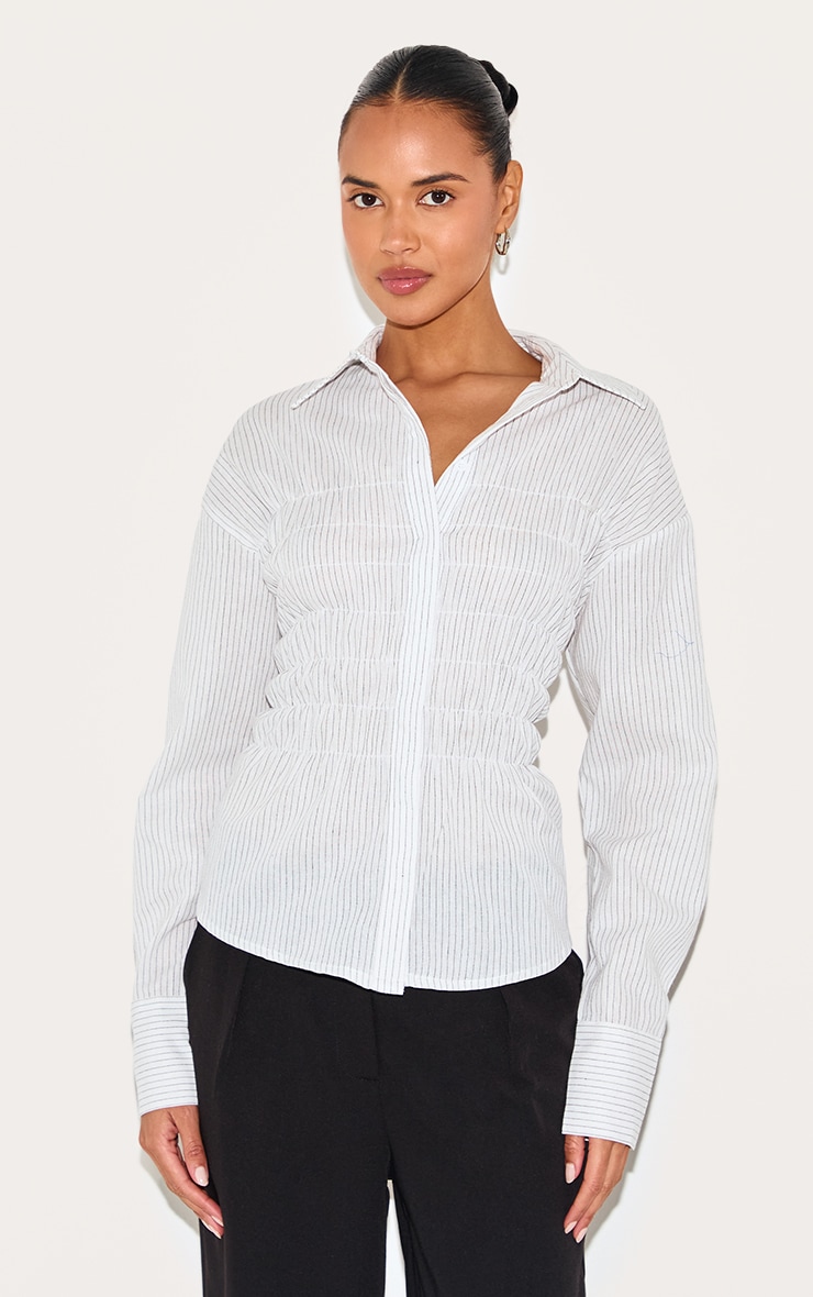 White Shirred Striped Fitted Shirt image 1