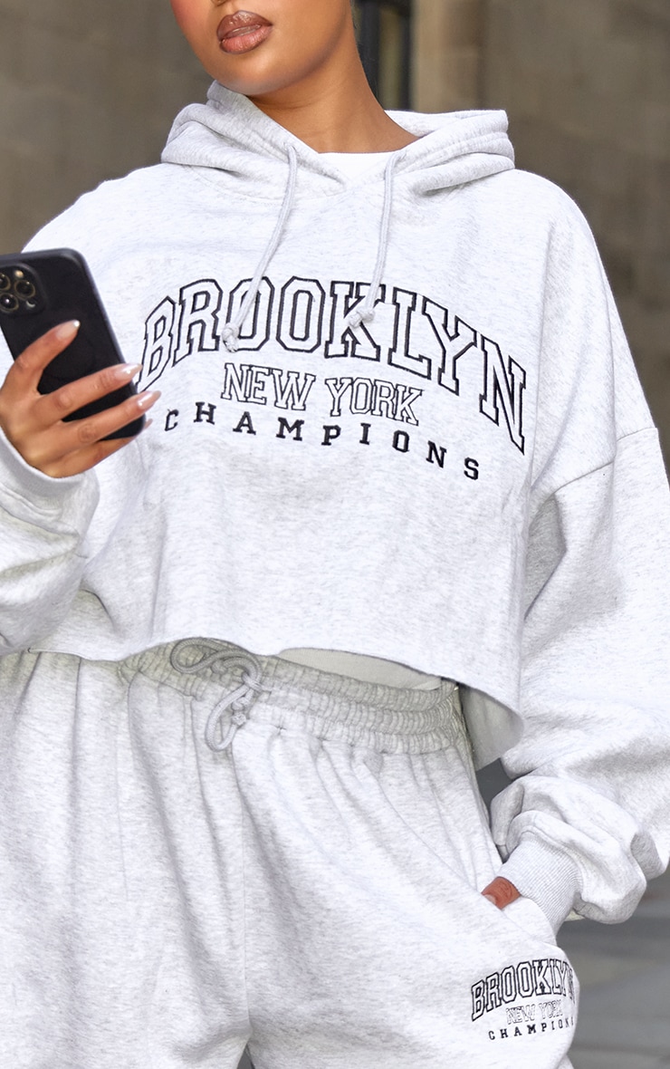 Plus Ash Grey Brooklyn Embroidered Raw Hem Cropped Hoodie image 4