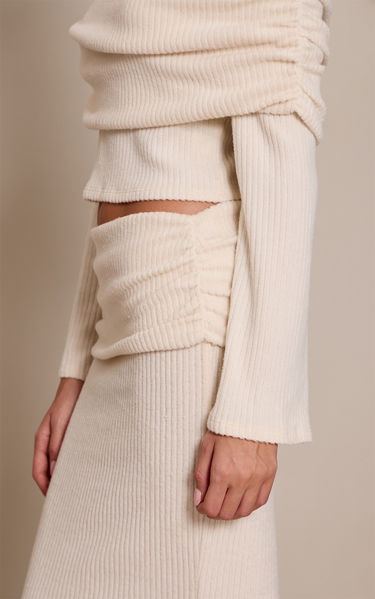 Cream Soft Rib Ruched Fold Over Maxi Skirt   image 4