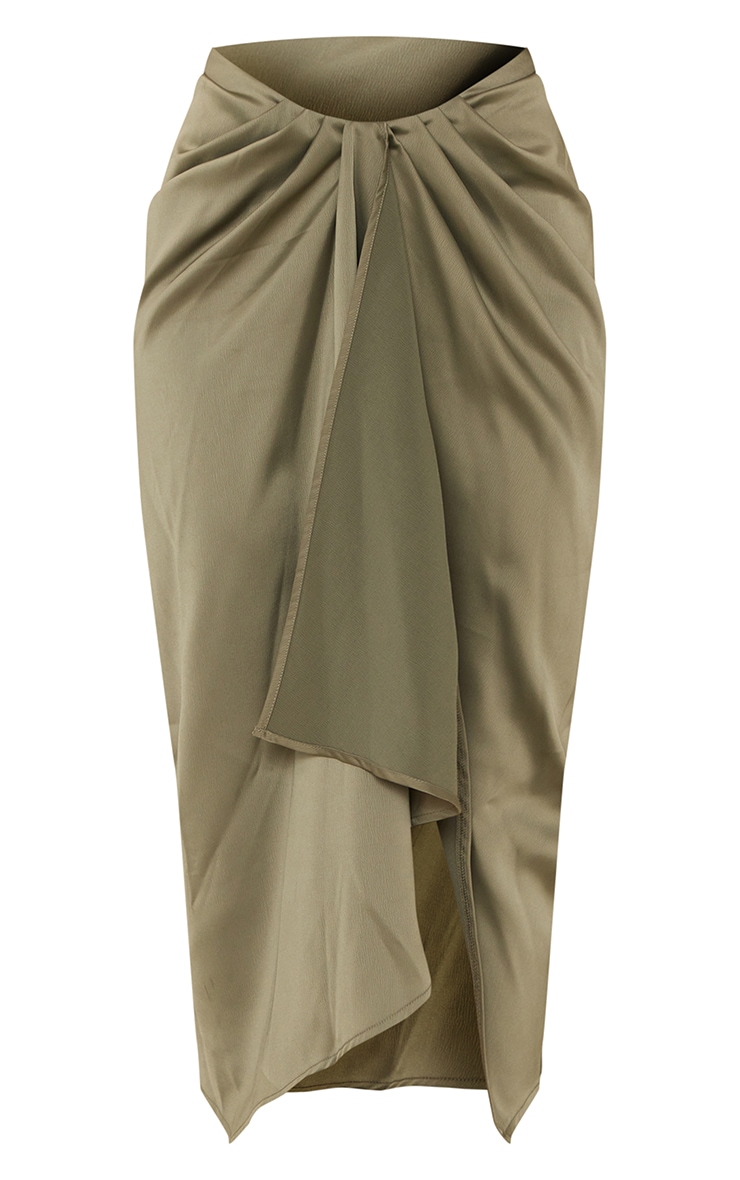 Khaki Woven Open Drape Front Midi Skirt image 5