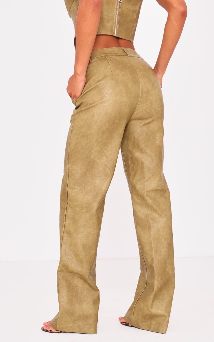 Premium Olive Washed Faux Leather Dip Waist Flared Pants image 3