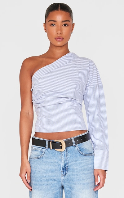 Blue Striped Asymmetric Cinched Blouse