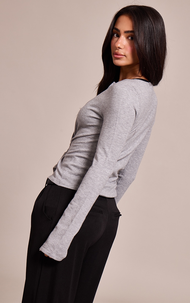 Petite Grey Marl Button Through Fine Knit Cardigan image 2