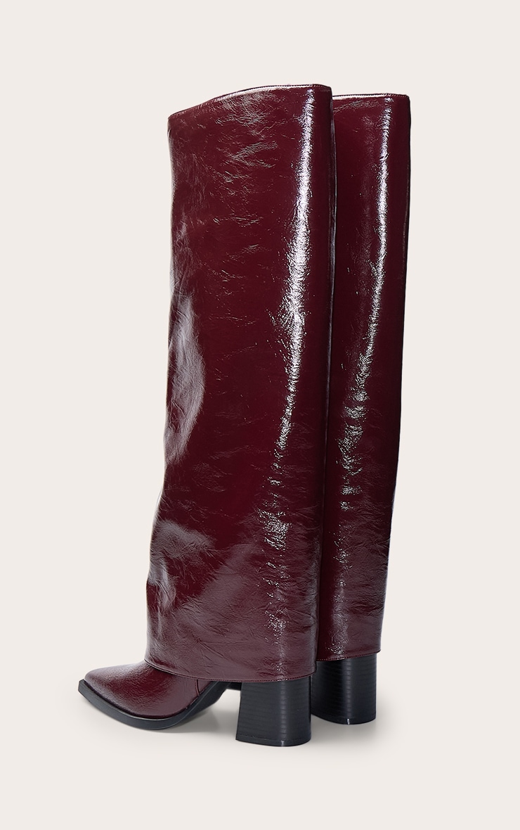 Bottes repliées en PU crêpé bordeaux à talon carré image 4