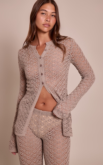 Cardigan en maille style crochet taupe à manches longues