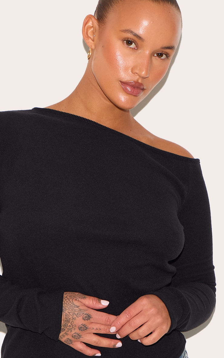 Plus Black Bardot Soft Touch Rib Long Sleeve Top image 4
