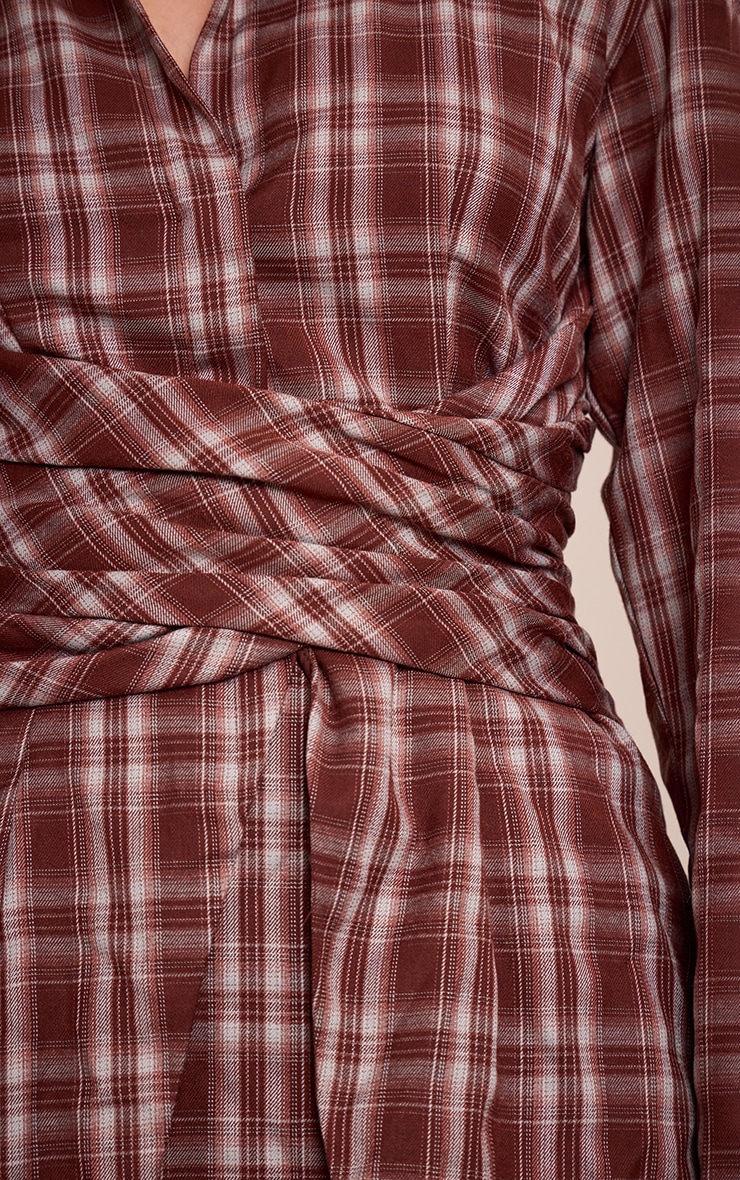 Brown Check Wrap Detail Long Sleeve Shirt Dress image 4