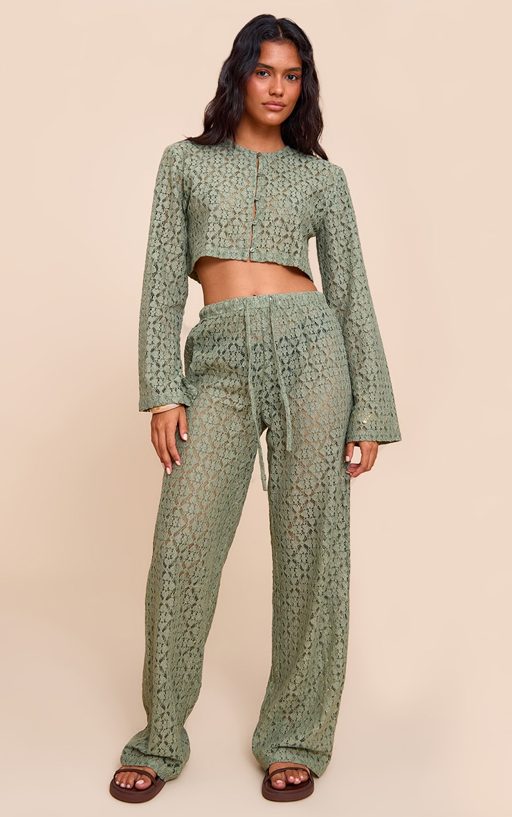 Khaki Lace Button Detail Crop Top image 3