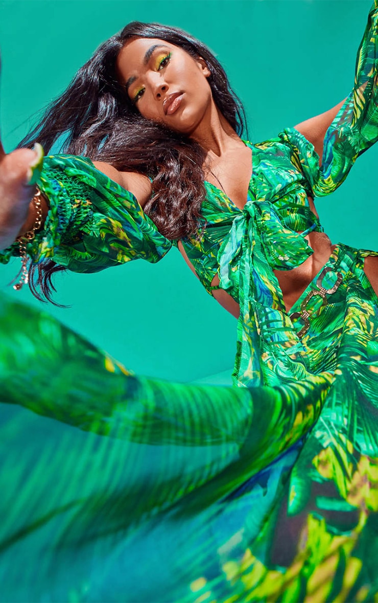 Green Tropical Tie Front Open Sleeve Beach Top