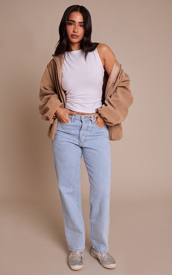 PRETTYLITTLETHING Petite Light Blue High Waist Straight Leg Jeans