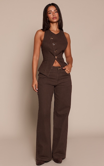Petite Chocolate Trim Detail Wide Leg Denim Jeans