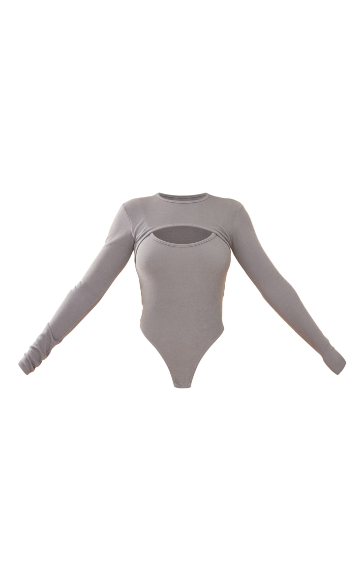 Grey Rib Arm Warmer Cut Out Detail Bodysuit PrettyLittleThing USA