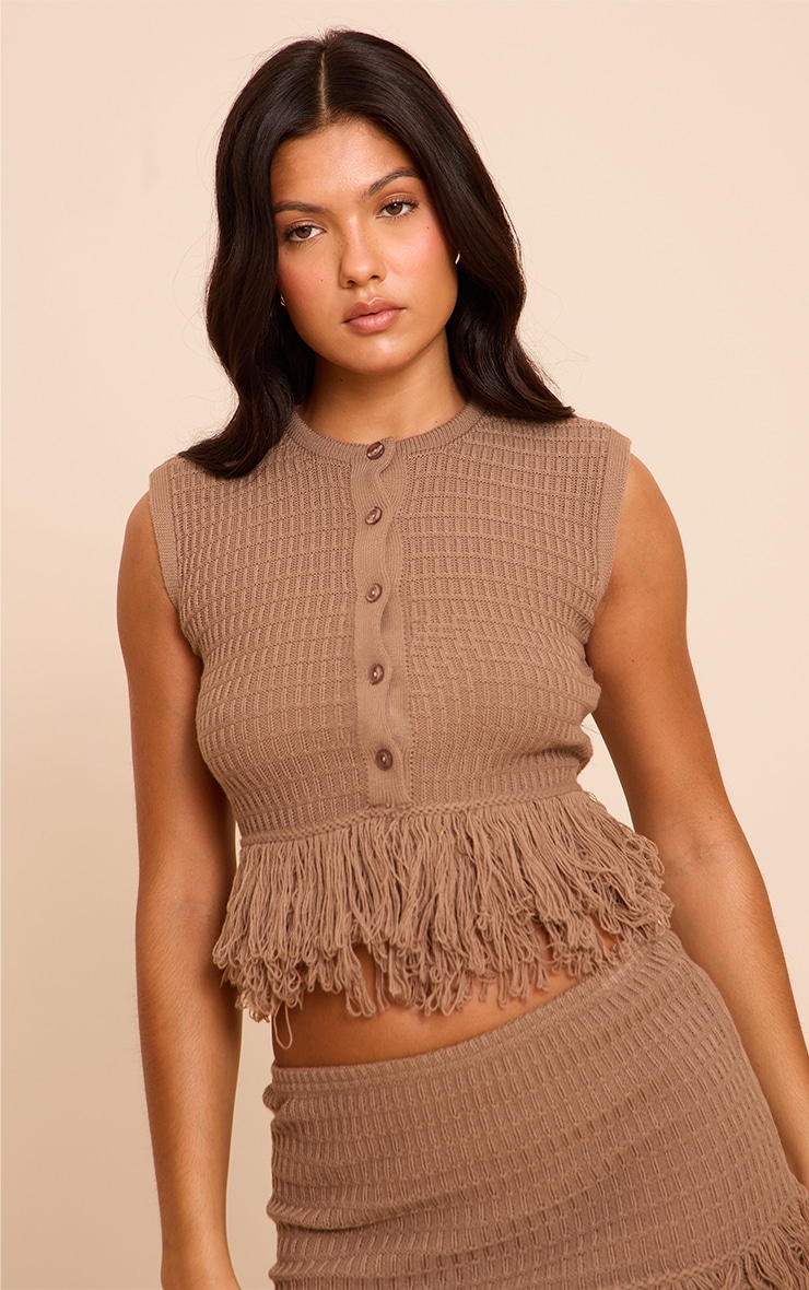 Mocha Button Up Fringe Cardigan | Knitwear