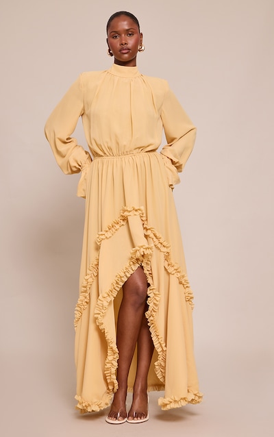 Mustard Chiffon High Neck Frill Detail Maxi Dress