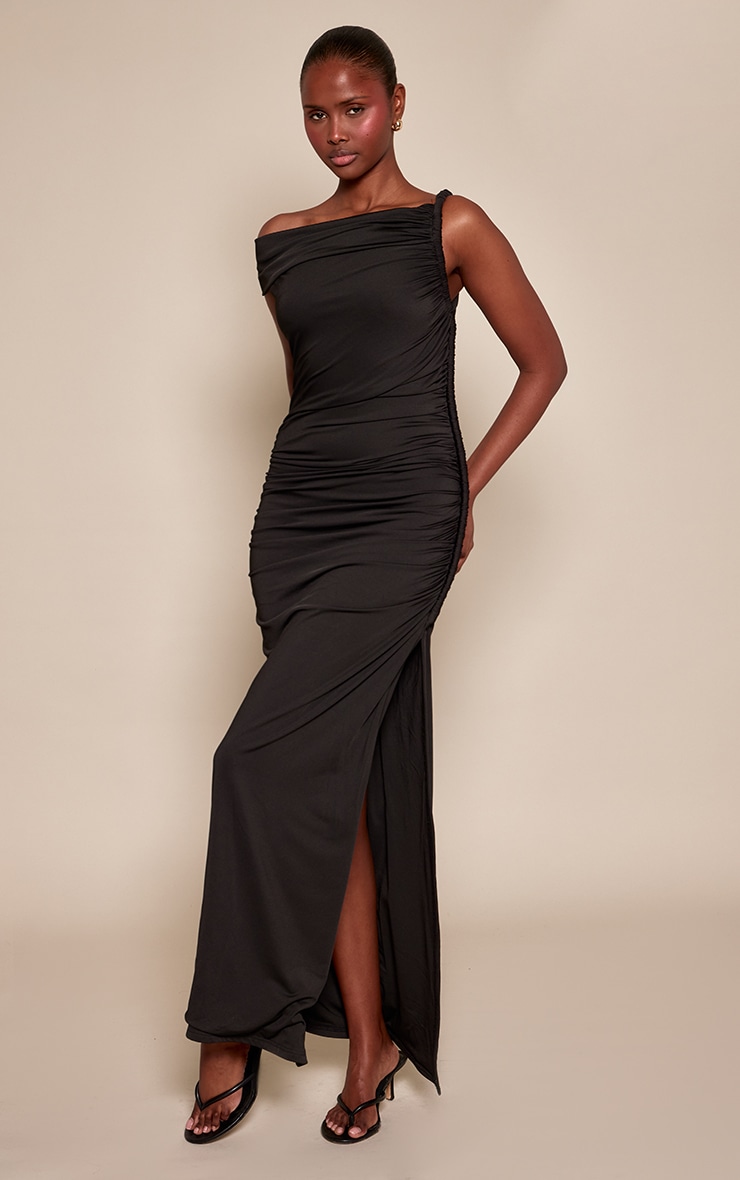 Black Slinky Twist Shoulder Detail Maxi Dress image 1