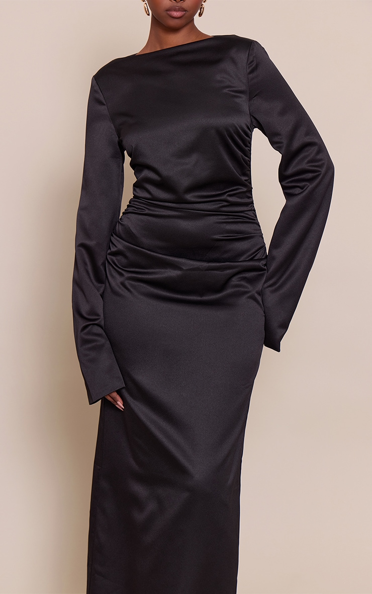 Black Satin High Neck Flared Sleeve Maxi Dress image 4