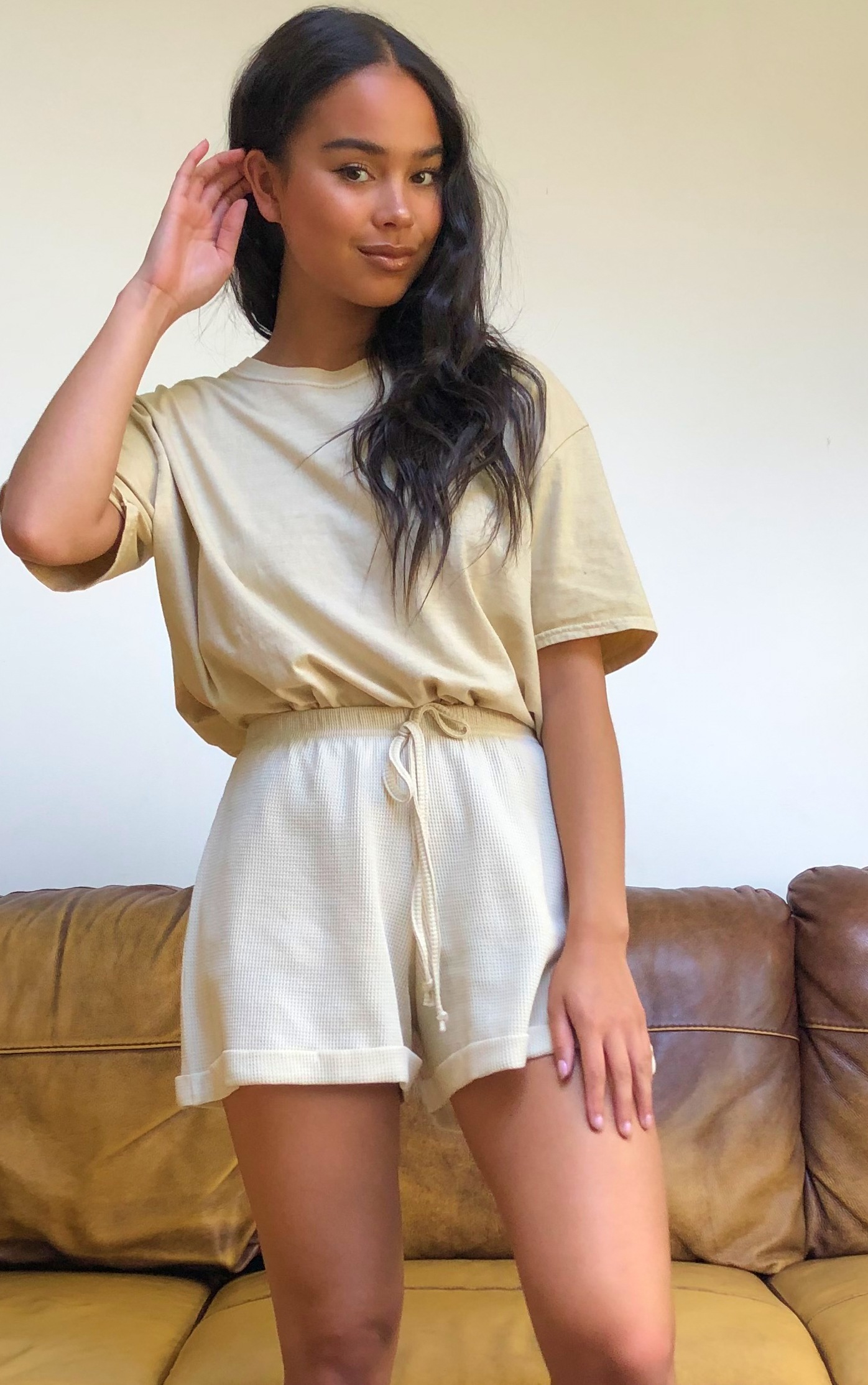 Cream Waffle Texture Runner Shorts