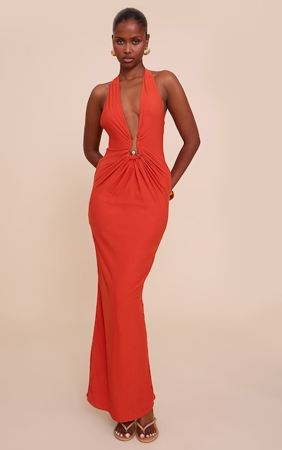 Robe longue doublée douce rouille à empiècement