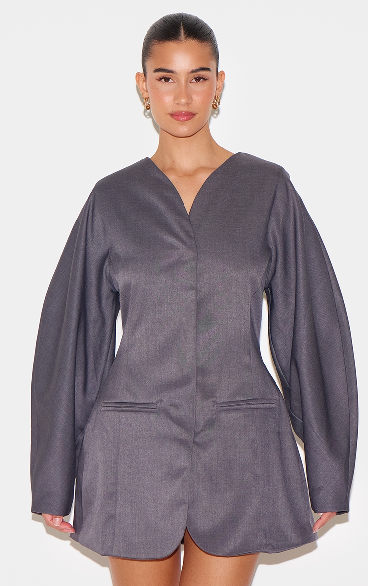  Charcoal Woven Balloon Sleeve Collarless Blazer Dress image 4