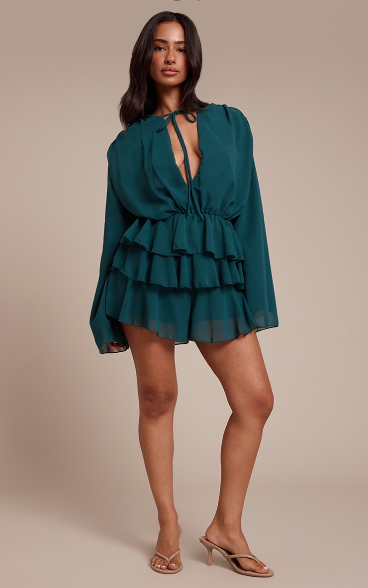 Petite Teal Ruffle Detail Long Sleeve Tie Neck Playsuit image 3