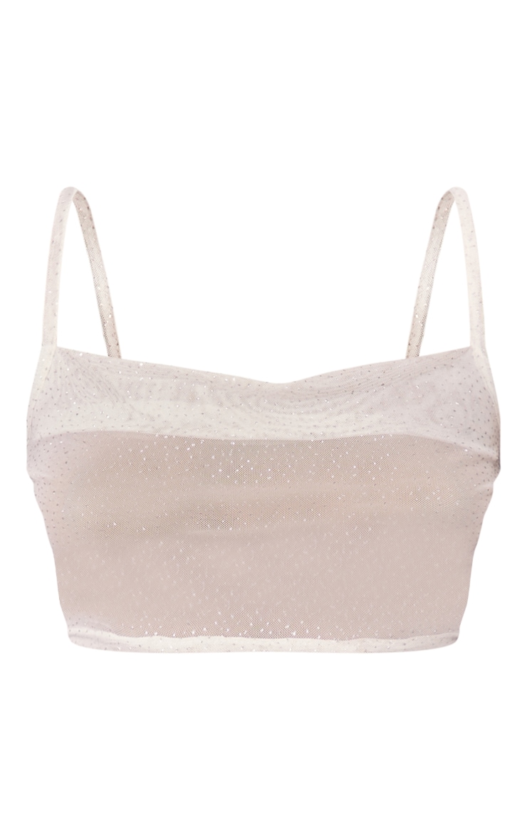 White Glitter Mesh Cowl Crop Top image 5