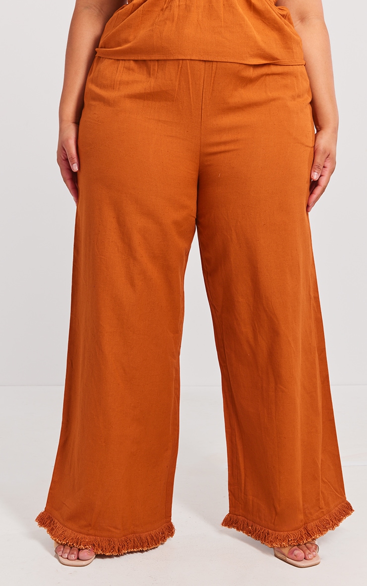 Plus Burnt Orange Linen Look Frayed Hem Wide Leg Pants image 2