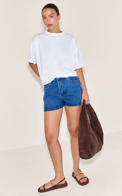 Dark Blue Contrast Stitch High Waisted Mom Shorts