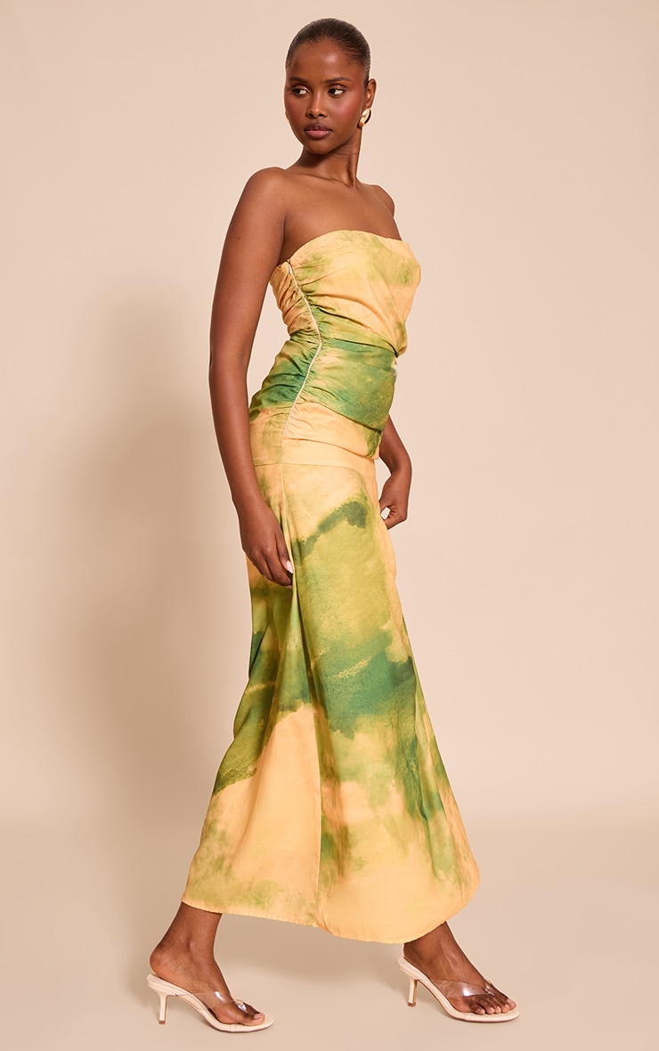 Green Abstract Printed Bandeau Ruched Detail Maxi Dress image 3