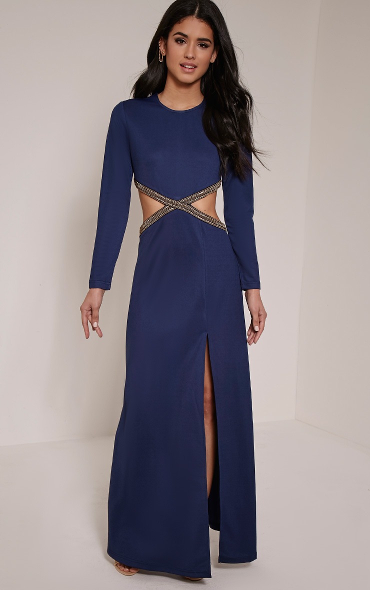 Tania Navy Cut Out Gold Trim Maxi Dress PrettyLittleThing