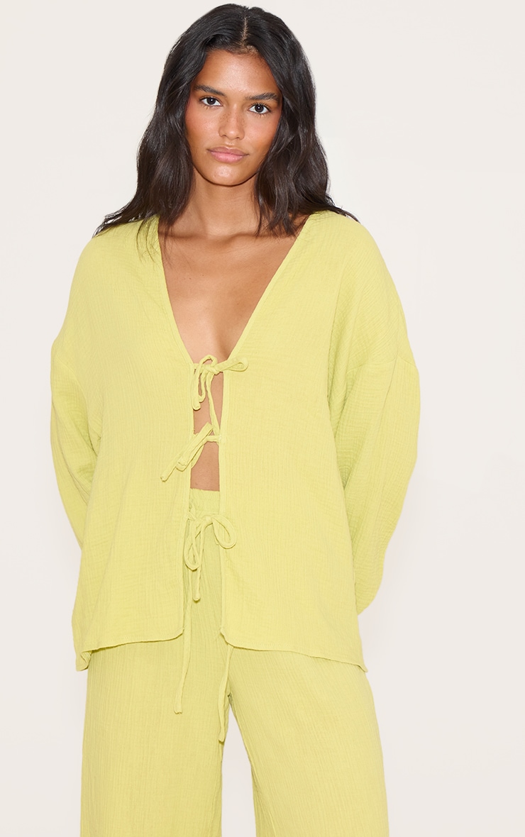 Chartreuse Cheesecloth Textured Tie Front Shirt image 1