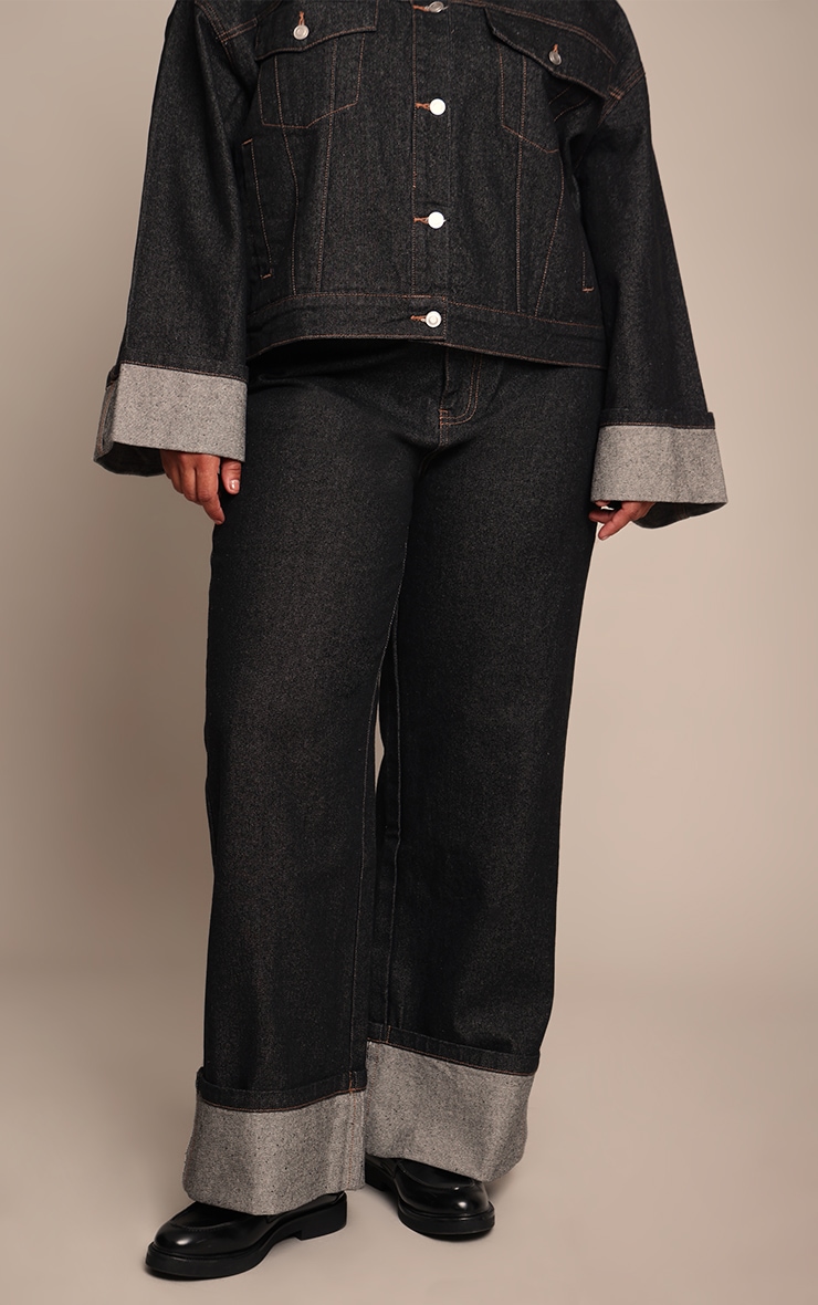 Plus Raw Indigo Contrast Stitch Turn Up Hem Wide Leg Jeans image 2