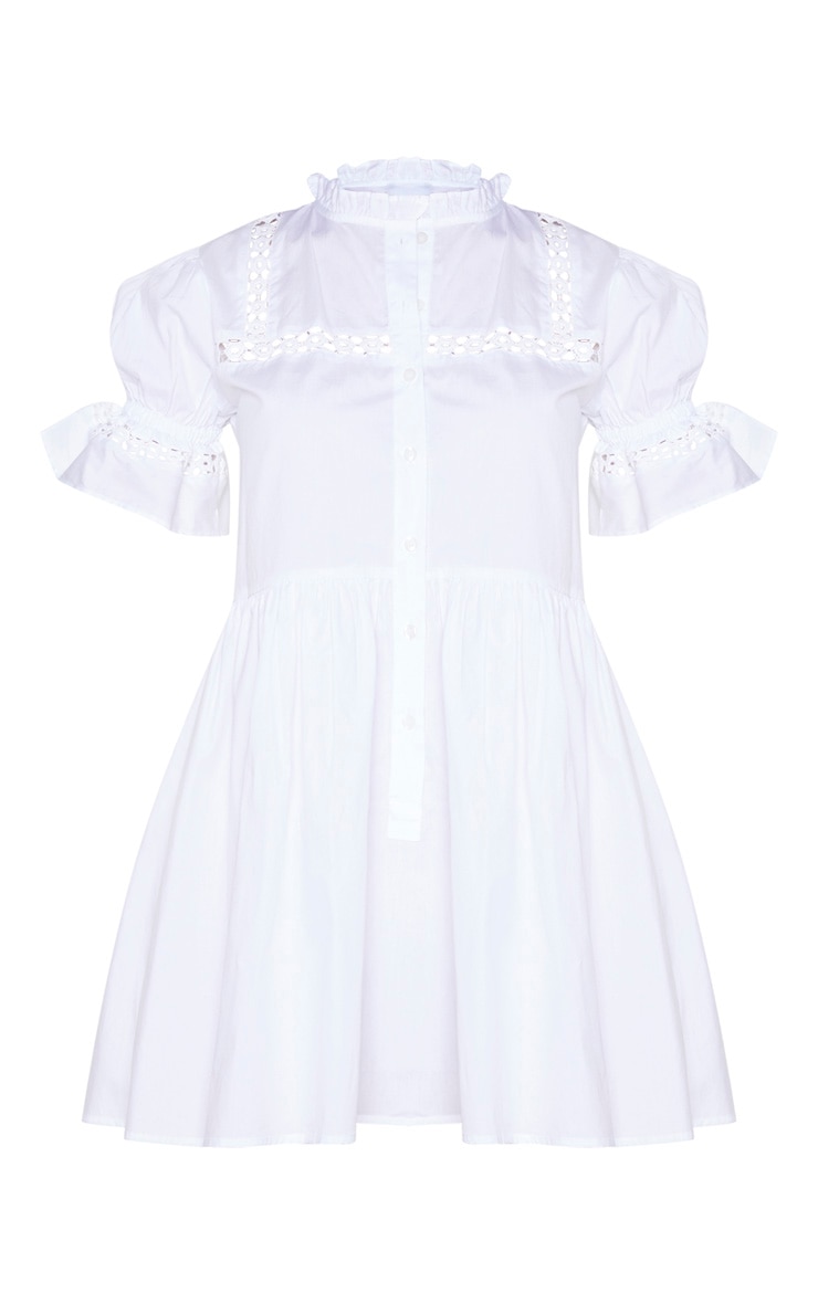 White Button Front Puff Sleeve Poplin Hem Smock Dress image 1