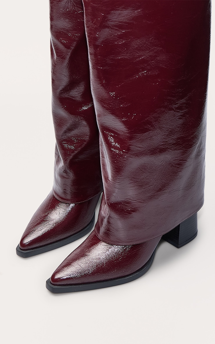 Bottes repliées en PU crêpé bordeaux à talon carré image 5