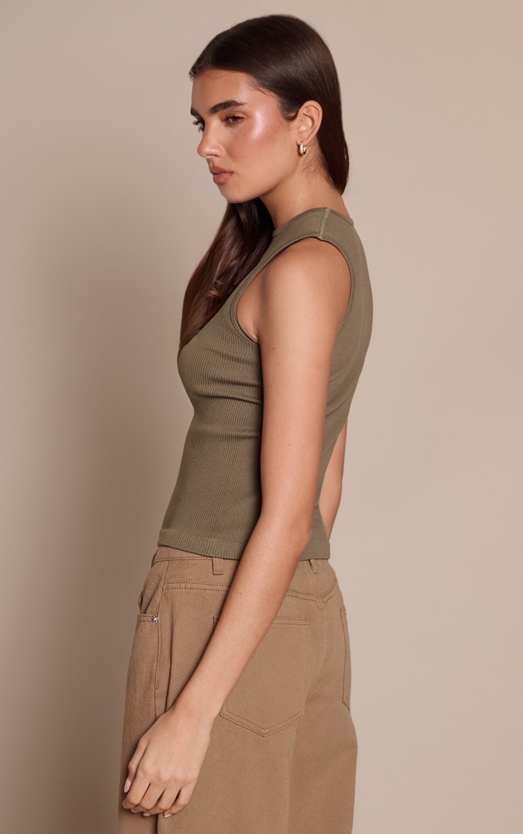 Olive Contour Rib Crew Neck Fitted Vest Top image 2