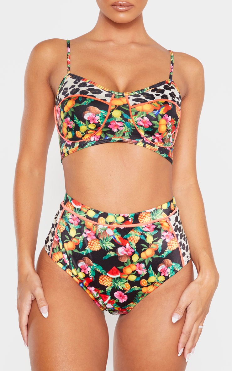 Black Floral Neon Binding Bikini Bottom