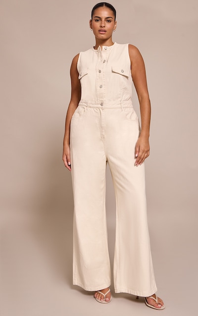 Plus Ecru Sleeveless Shirt Denim Jumpsuit