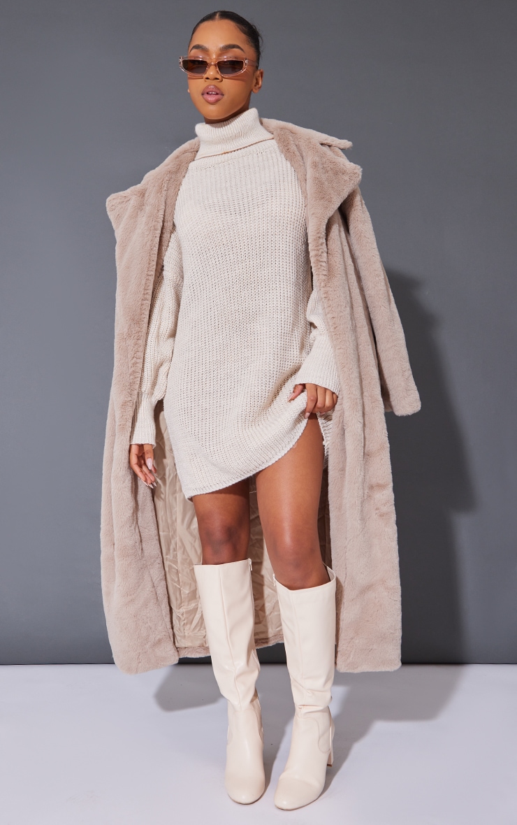 Oatmeal Chunky Knit Roll Neck Oversized Jumper Dress image 3