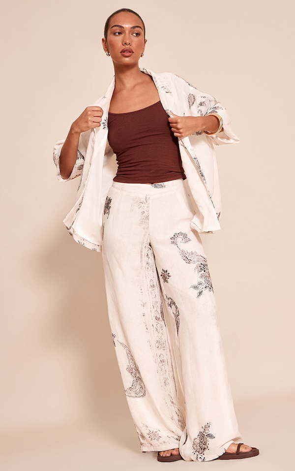  Cream Paisley Print Woven Tailored Extreme Wide Leg Pants