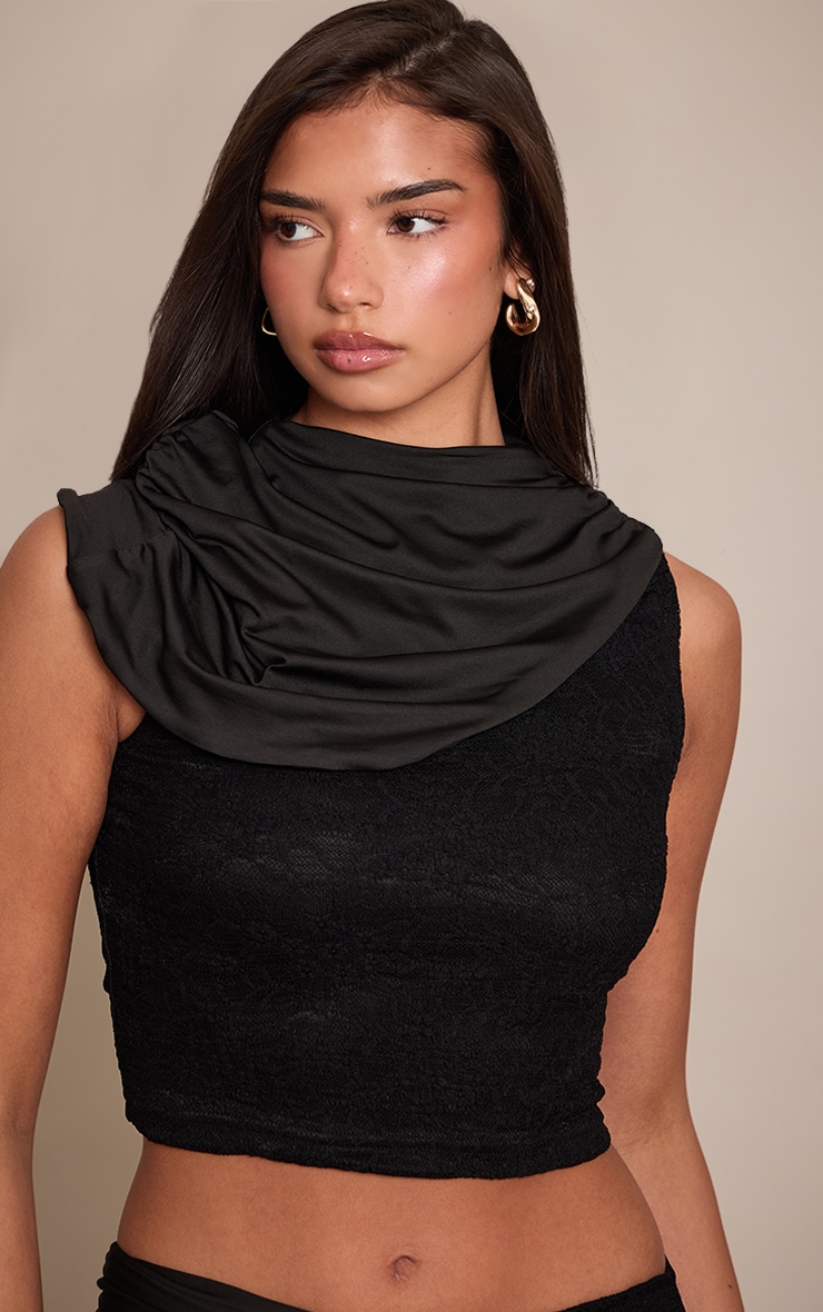 Black Lace Slinky Ruched Cape Crop Top  image 4