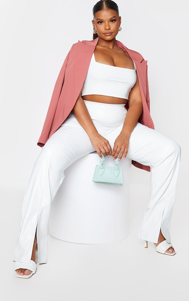 Plus Cream Faux Leather Seam Detail Split Hem Pants