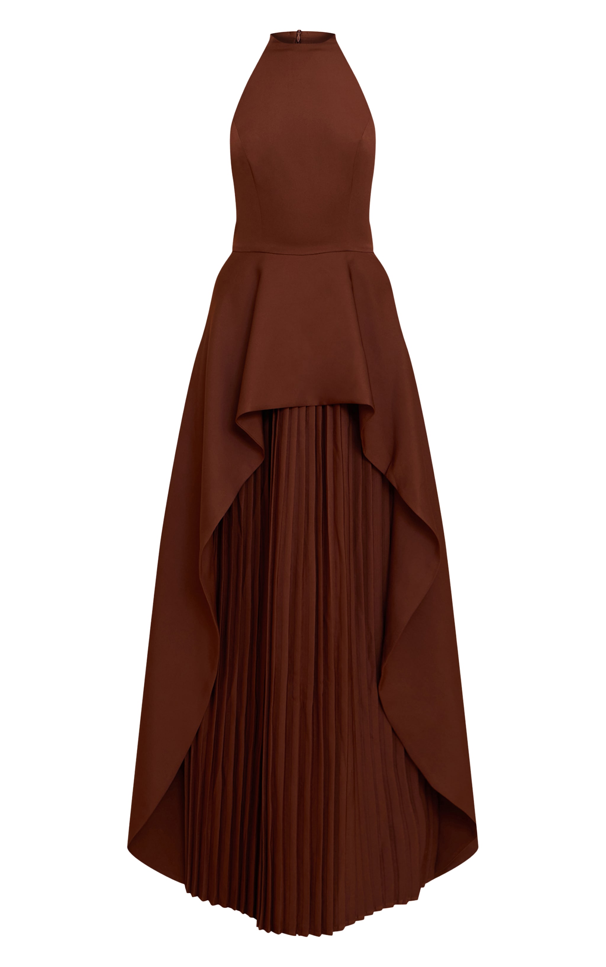Chocolate Woven Halterneck Pleated Underlay Maxi Dress image 5