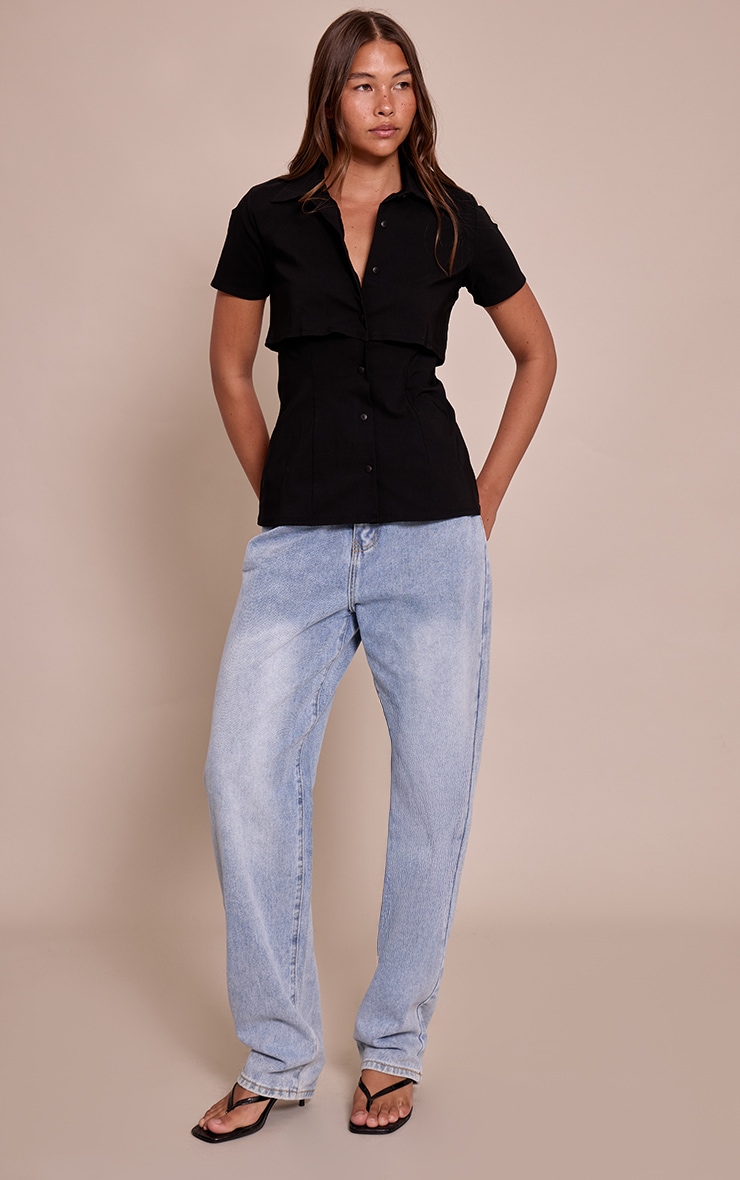 Black Stretch Woven Overlay Detail Short Sleeve Shirt image 3