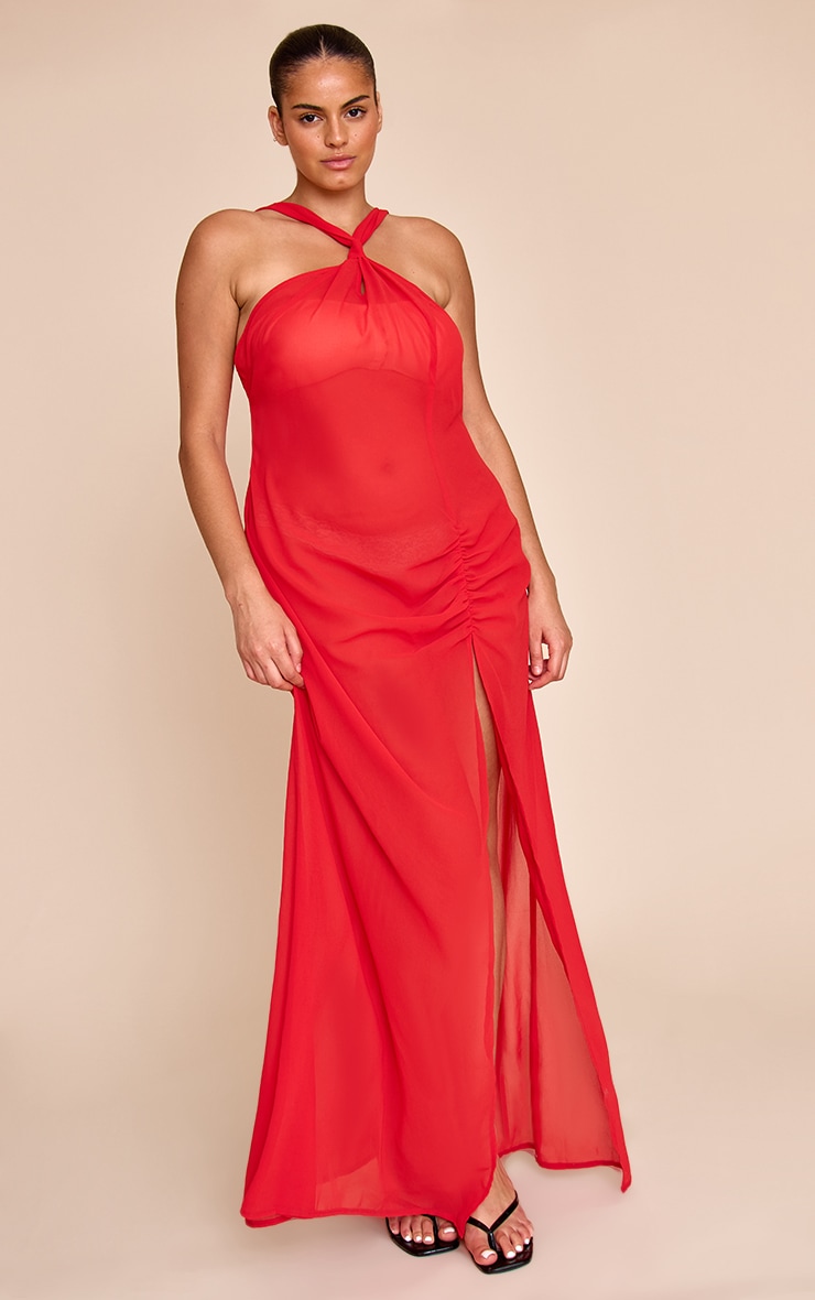 Plus Red Halter Neck Chiffon Maxi Beach Dress image 3