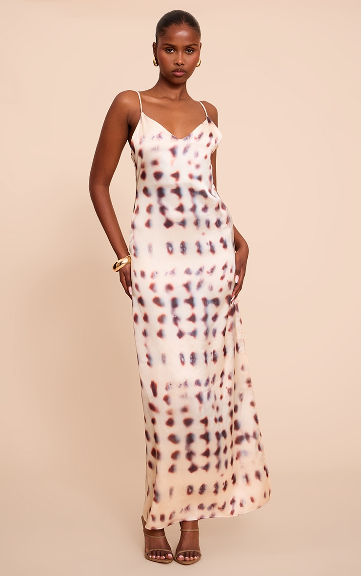 Cream Satin Printed Cowl Detail Maxi Dress image 1