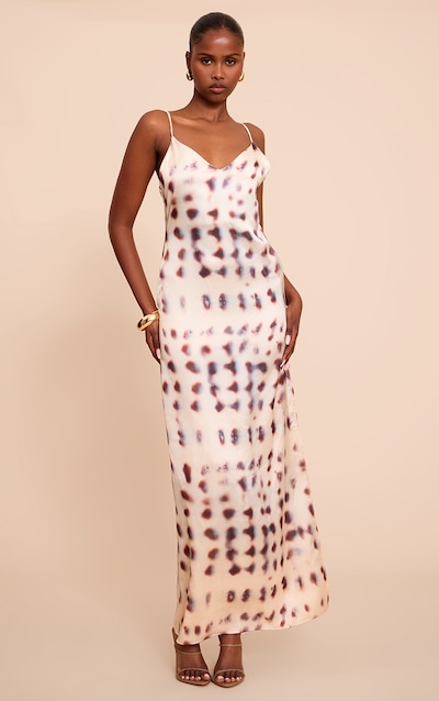 Cream Satin Printed Cowl Detail Maxi Dress