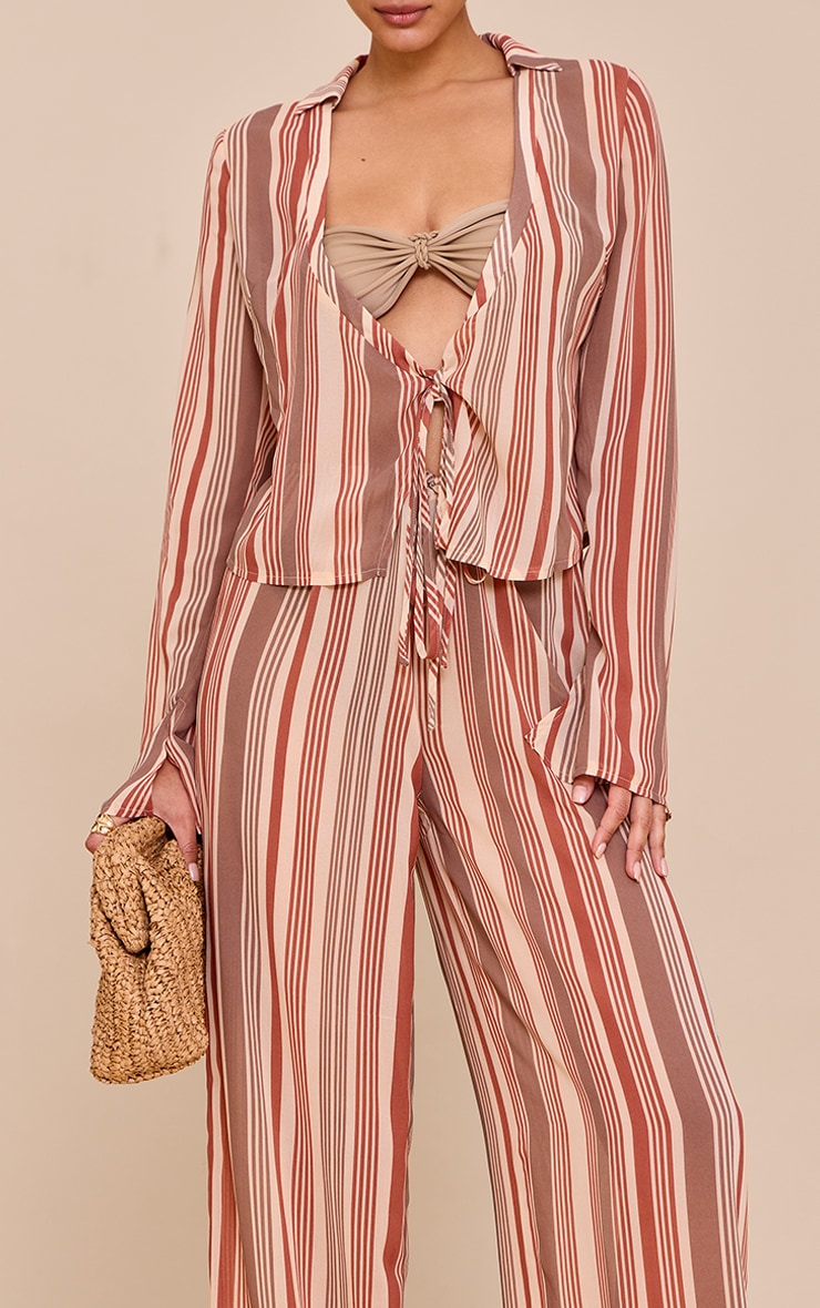 Beige Chiffon Striped Wide Leg Pants image 4