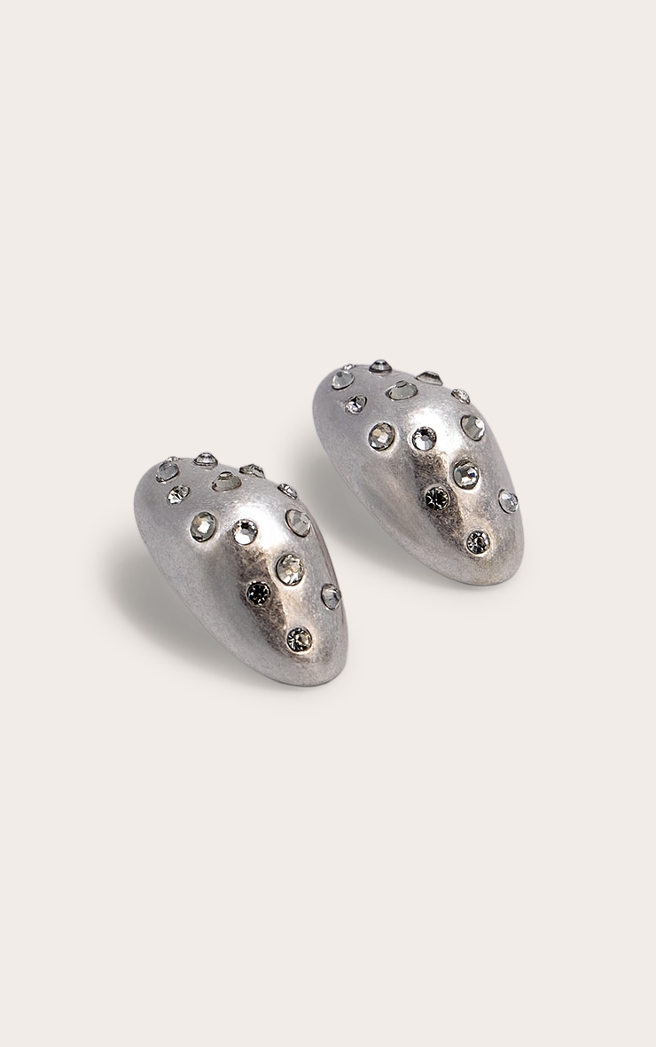 Silver Brushed Dome Diamante Stud Earrings image 3